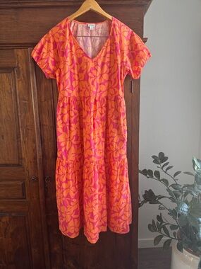 J.Crew Bright Floral Midi Dress Orange Pink Tropical Print Tiered Sundress